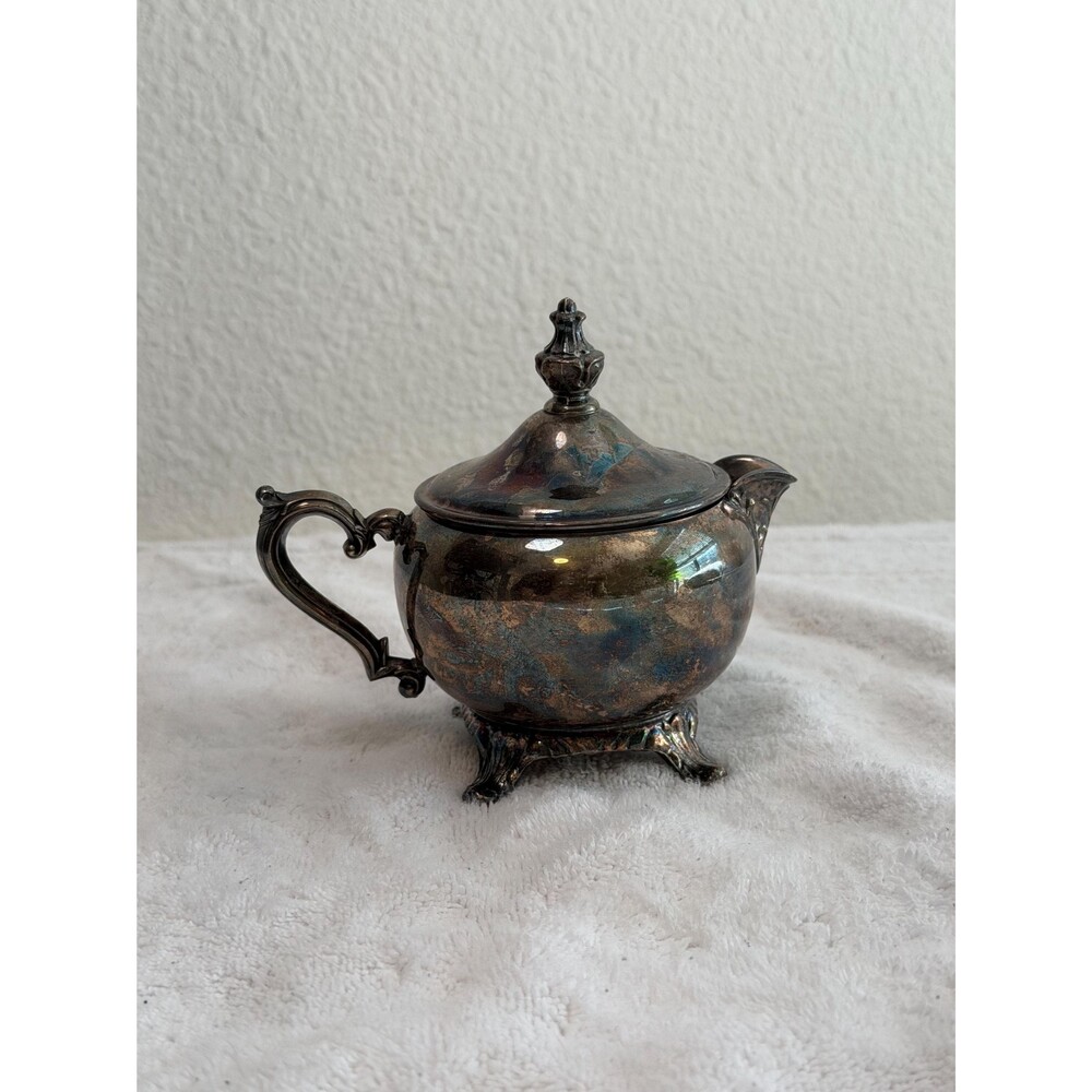 Vintage Ornate Silverplate Lidded Creamer Pitcher | Footed Patina Tea Serving Ve